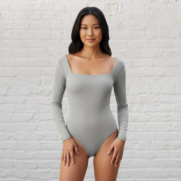 Babaton Contour Square Neck Bodysuit M Grey Long Sleeve Thong Bottom Aritzia - Picture 1 of 13